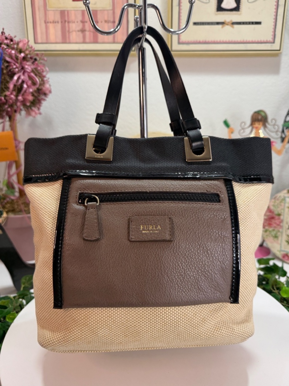 FURLA CREAM/BROWN/BLACK SMALL TOTE! - Picture 9 of 17